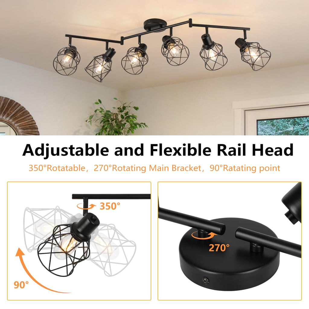 Track Lighting Kit 6 Way Ceiling Spotlight-Industrial Flush Mount Ceiling Light Black Kitchen Ceiling Light Fixtures