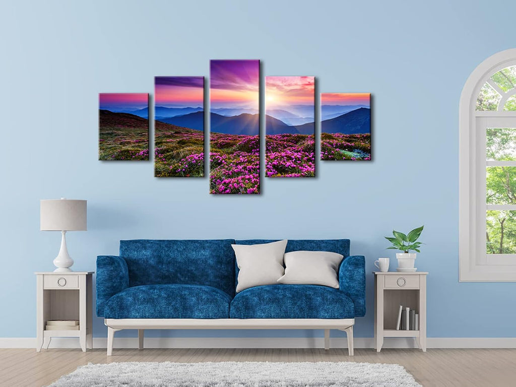5 Piece Giclee Canvas Prints Wall Art Large Modern Gallery Wrapped Mountains in Sunrise Artwork Purple Landscape