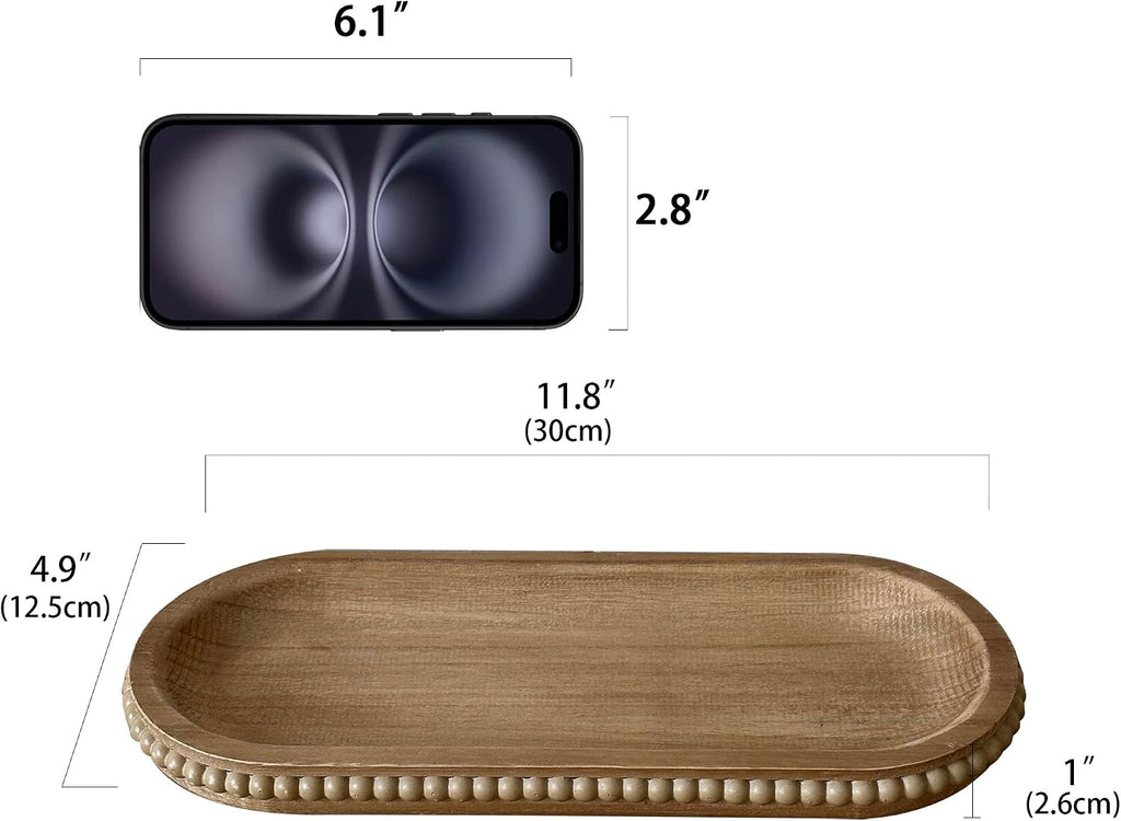 Wooden Farmhouse Decorative Tray, 11.8in Rustic Beaded Tray Decor, Kitchen Table Décor, Oval Coffee Table Serving