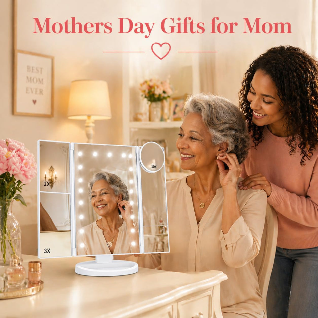 Makeup Mirror, Gifts for Mom Mothers Day, Vanity Mirror with Lights, 2X/3X/10X Magnification, Touch Control, Trifold