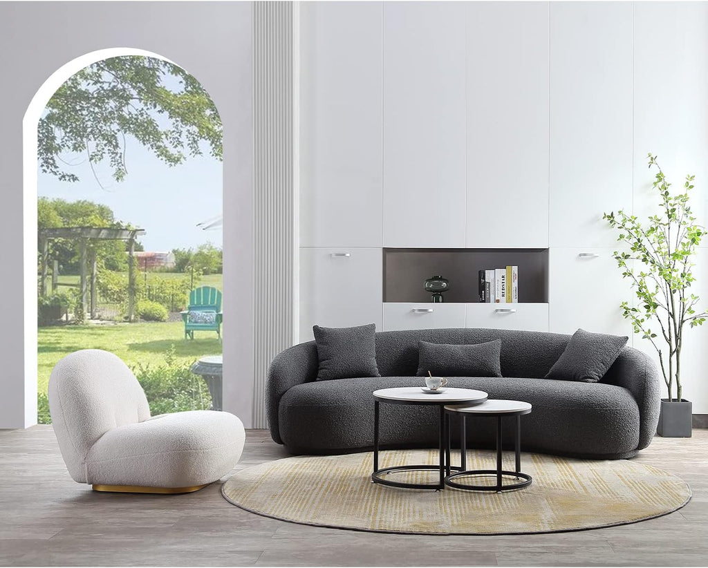 Mid Century Modern Curved Living Room Sofa, 4-Seat Boucle Fabric Couch , Grey