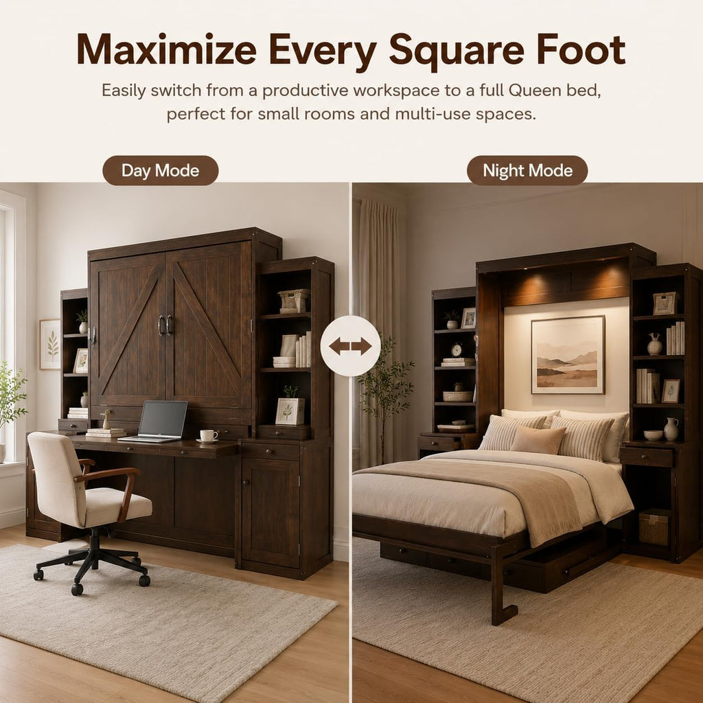 Queen Murphy Bed with Desk, Wall Bed Cabinet with Storage Shelves, Enclosed Cabinets and Hidden Foldout Workstation