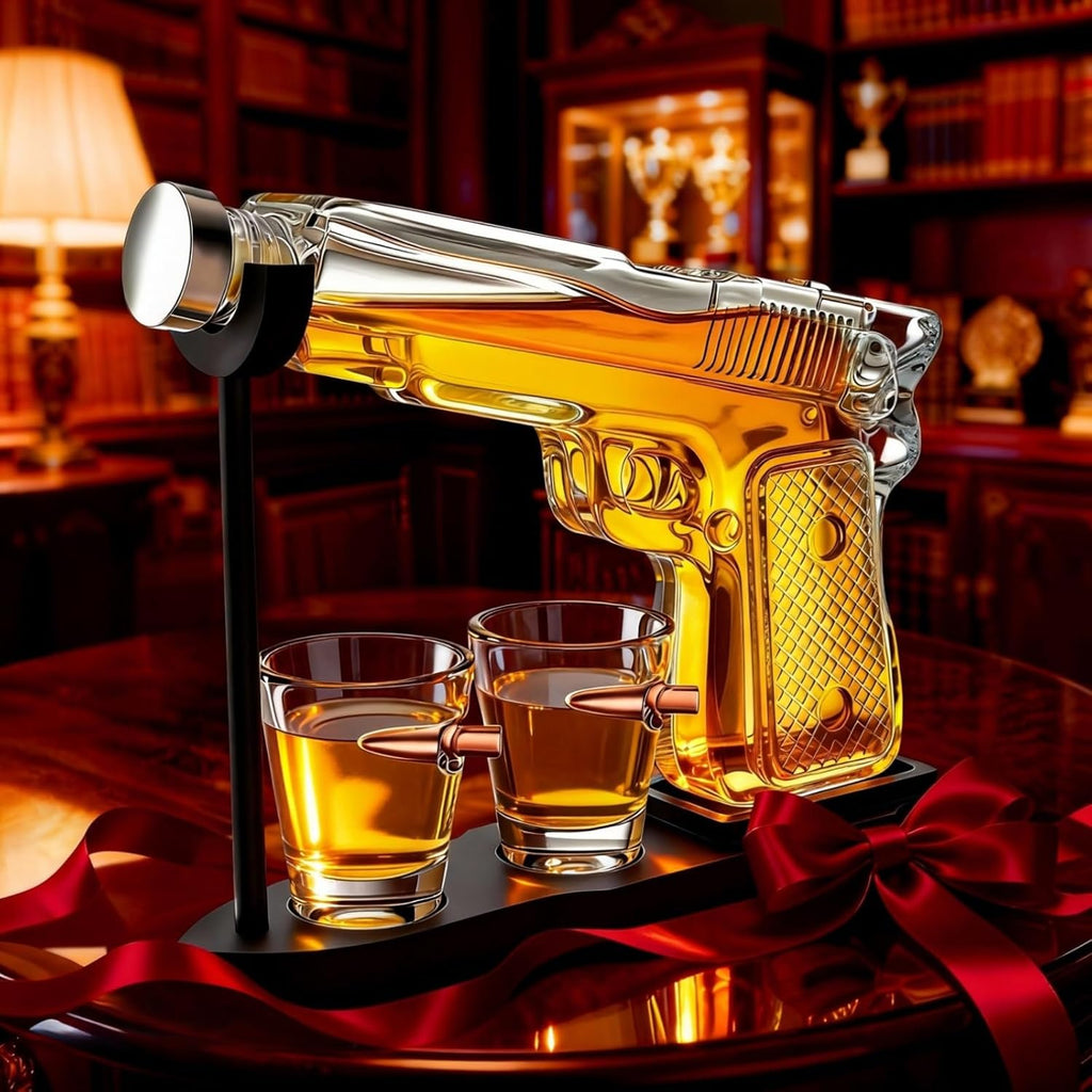 Whiskey Gun Decanter Set + 2 Bullet Glasses - Birthday Pistol Gifts for Men, Boyfriends Who Have Everything, Whiskey