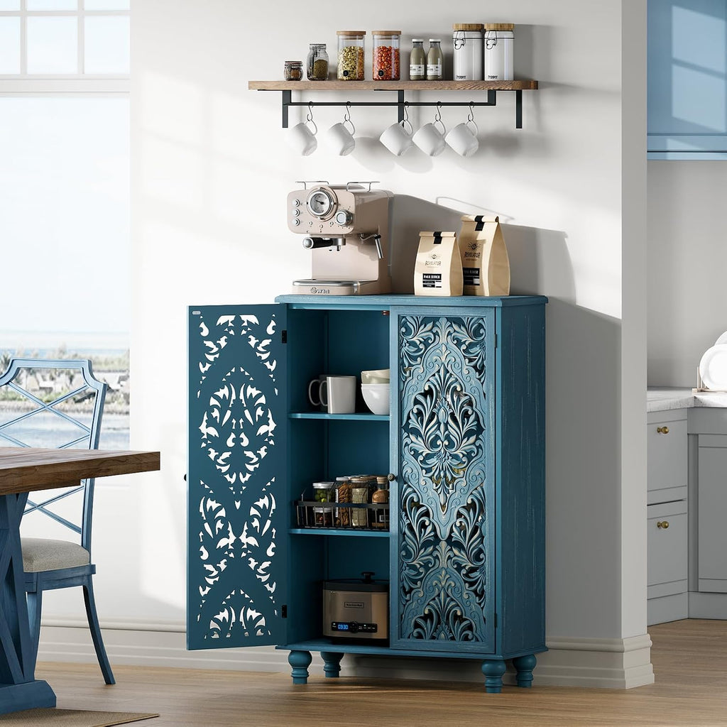 47" Tall Accent Cabinet with Carved Doors & Storage | Vertical Storage , Carved Floral Design, Farmhouse & Rustic
