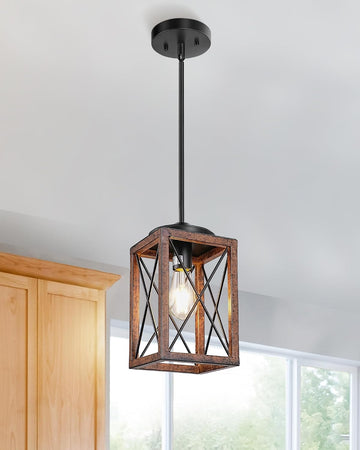Farmhouse Pendant Light, Metal Hanging Light Fixture with Wooden Grain Finish, 48 Inch Adjustable Pipes for Flat and Slop Ceiling, Kitchen Island, Bedroom, Dining Hall, E26 Base