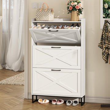 Shoe Storage Cabinet with 3 Flip Drawers, Freestanding Organizer with Metal Legs, Narrow Shoe Rack Cabinet, White