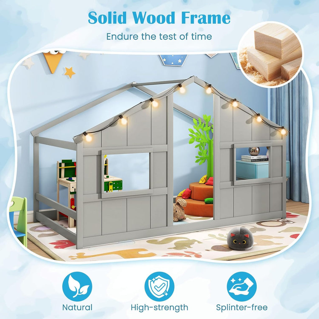 Twin Kids House Bed with Light Bulbs, Wooden Montessori Floor Bed Frame with Roof & Windows, Twin Floor Bed for Kids