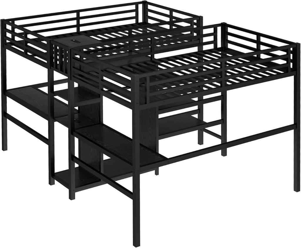 Twin Over Twin Metal Loft Bed with Desk and Wardrobe for 2 Kids,Twin Heavy Duty Double Loft Bed Frame with Charging