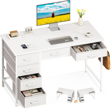 Computer Desk with 6 Drawers, 40 Inch Small Desk with Storage, Reversible Desk with Headphone Hook, Work Study Table
