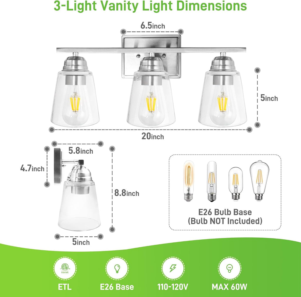 3-Light Bathroom Vanity Light, 5-Piece All-in-One Bathroom Set | 20 Inch Modern Wall Lamp, Brushed Nickel Wall Sconce