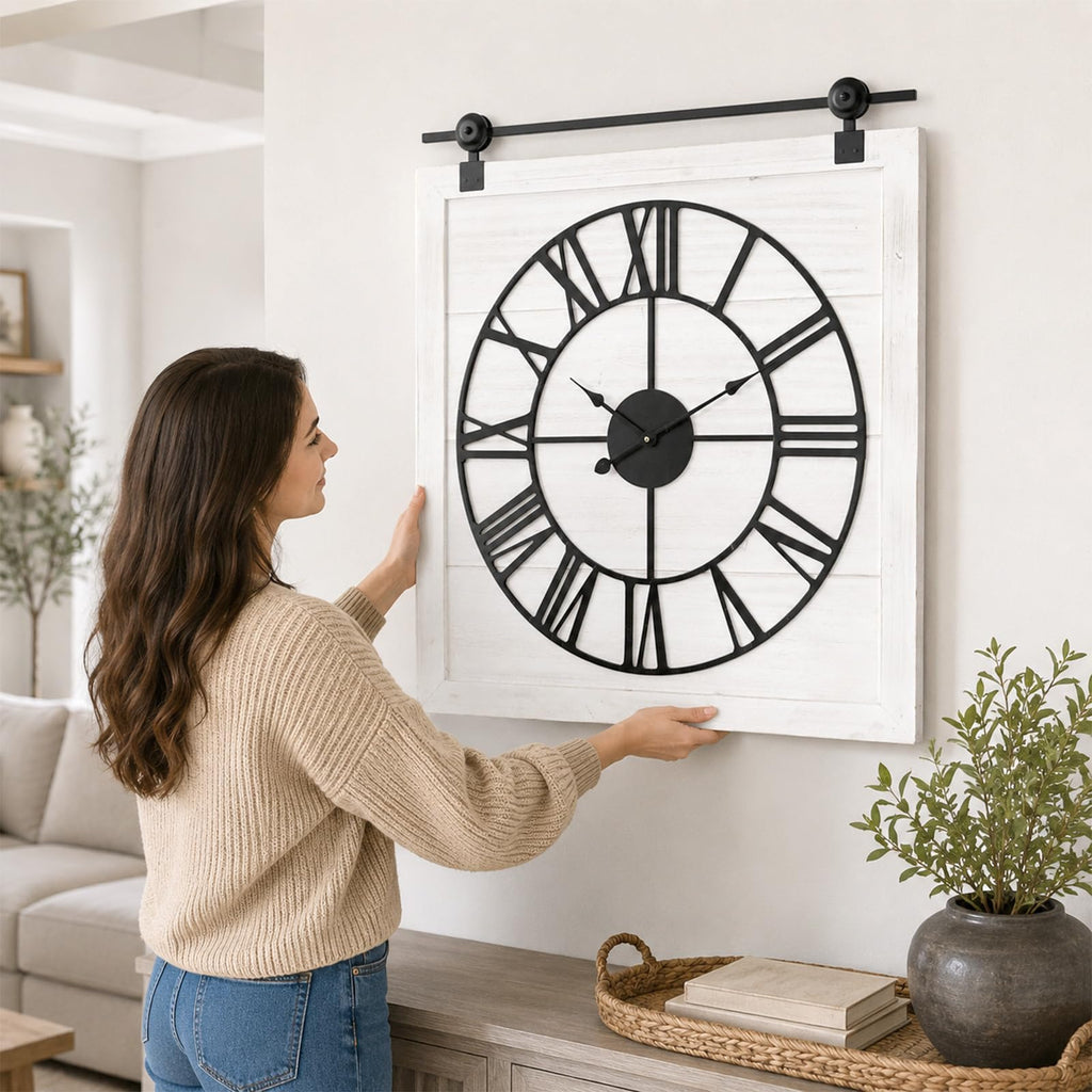 Farmhouse Barn Door Wall Clock 30 Inch, Silent Decorative Clock
