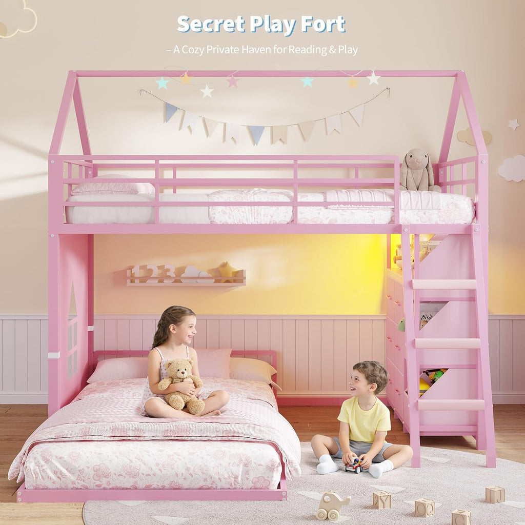Bunk Bed Twin Over Twin with 6 Storage Drawers and 3 Open Bins, House Bunk Bed with LED Lights