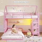 Bunk Bed Twin Over Twin with 6 Storage Drawers and 3 Open Bins, House Bunk Bed with LED Lights