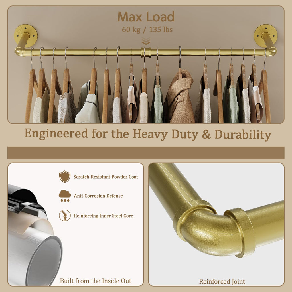 Wall Mounted Clothes Rack 2 Pack, Industrial Pipe Clothing Rack 28 Inch Gold, Wall Clothes Hanger , Cloakroom