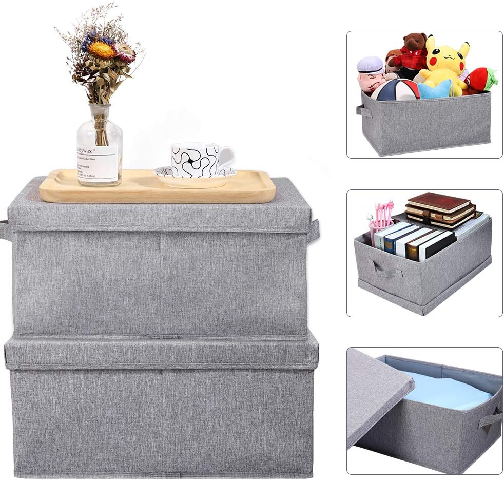 Linen Foldable Storage Bins with Lids, 2 Pack, Storage Boxes with Carrying Handles and Sturdy Heavy Cardboard, 16.5"