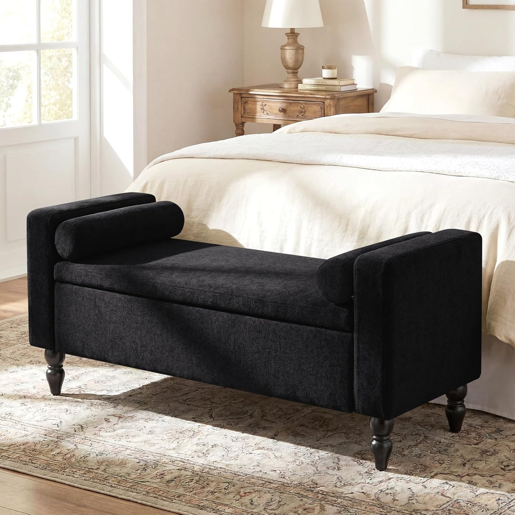 End of Bed Bench , 45.7" Linen Storage Ottoman Bench with Removable Pillows, Upholstered Entryway Bench with Solid