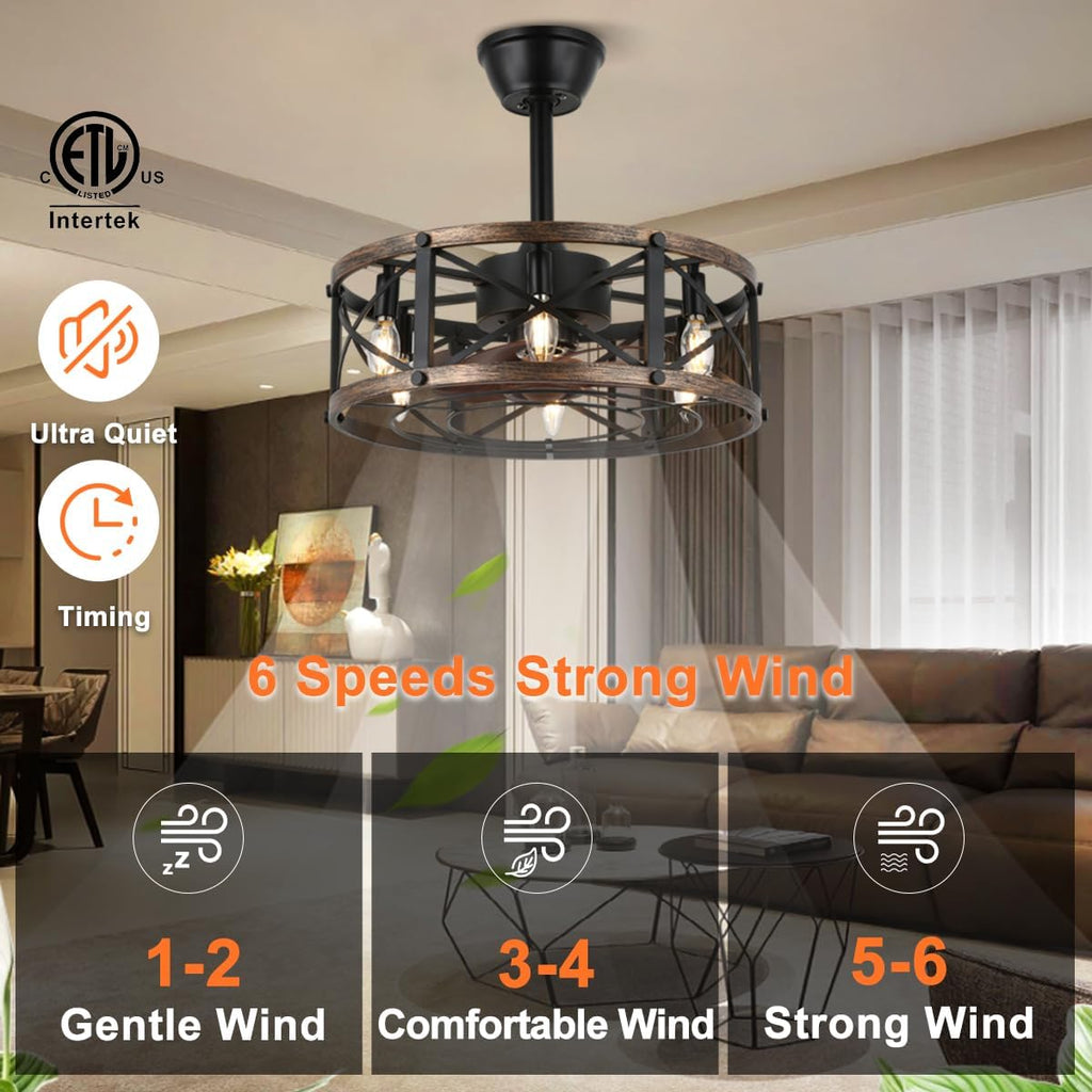 19" Farmhouse Fandelier Ceiling Fan with Light, Caged Bladeless Ceiling Fans with Lights and Remote, Modern Small Enclosed Ceiling Fans with Lights for Living Room, Bedroom, Black
