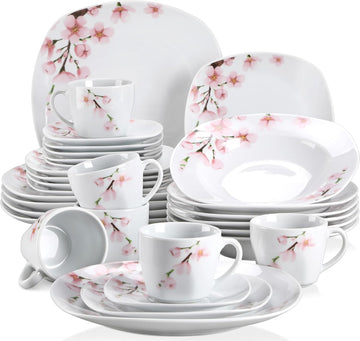 Annie Porcelain Dinnerware for 6, 30-Piece Pink Floral Dish Set With Plates and Bowls Including Dinner, Dessert, Soup
