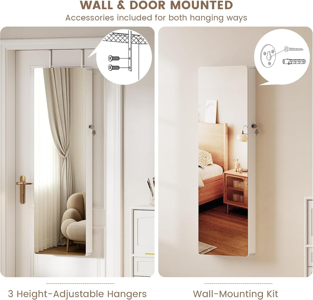 47.2" Full-Length Mirror Jewelry Cabinet, Lockable Wall/Door Mount, White