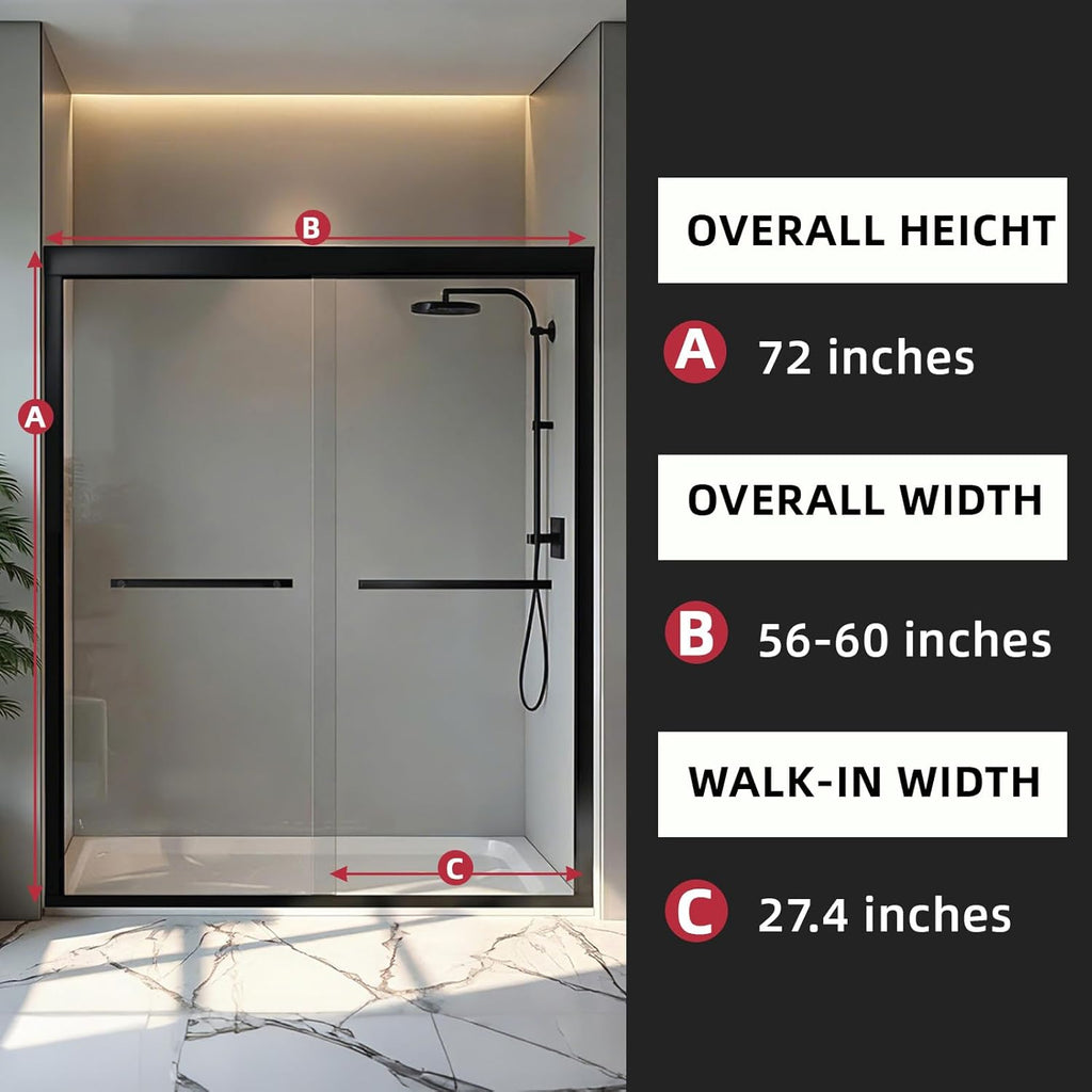 Shower Door 56-60" W x 72" H, Semi-Frameless Sliding Glass Shower Door
