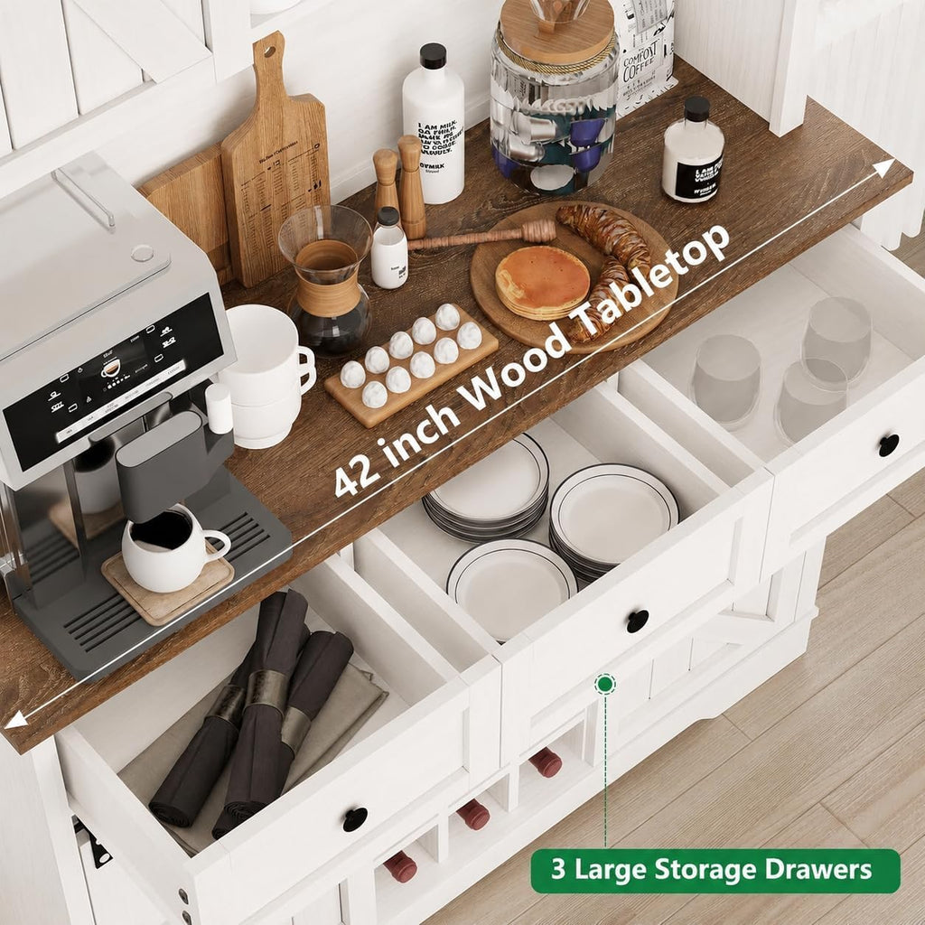 Farmhouse Coffee Bar Cabinet with Wine Rack, 72" Tall Kitchen Storage Cabinet with 3 Drawers, 9-Bottle Wine Holder, 6
