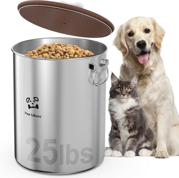 25 Lbs Stainless Steel Dog Food Storage Container with Airtight Wooden Lid & Ceramic Bone Handle, Large Metal Dog