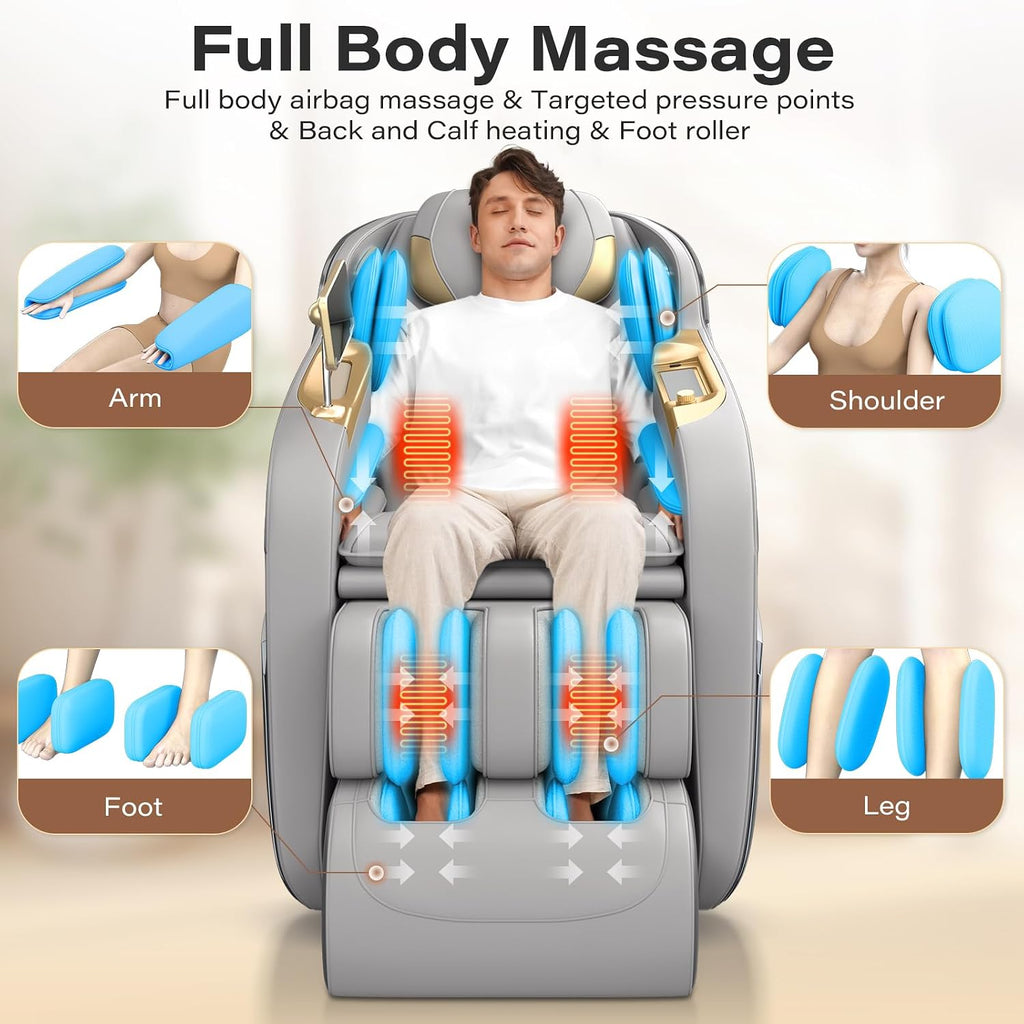 Massage Chair Full Body 160° Zero Gravity SL-Track, 12 Modes, Grey | Full-Body Airbags, Body Scan, 6 Massage
