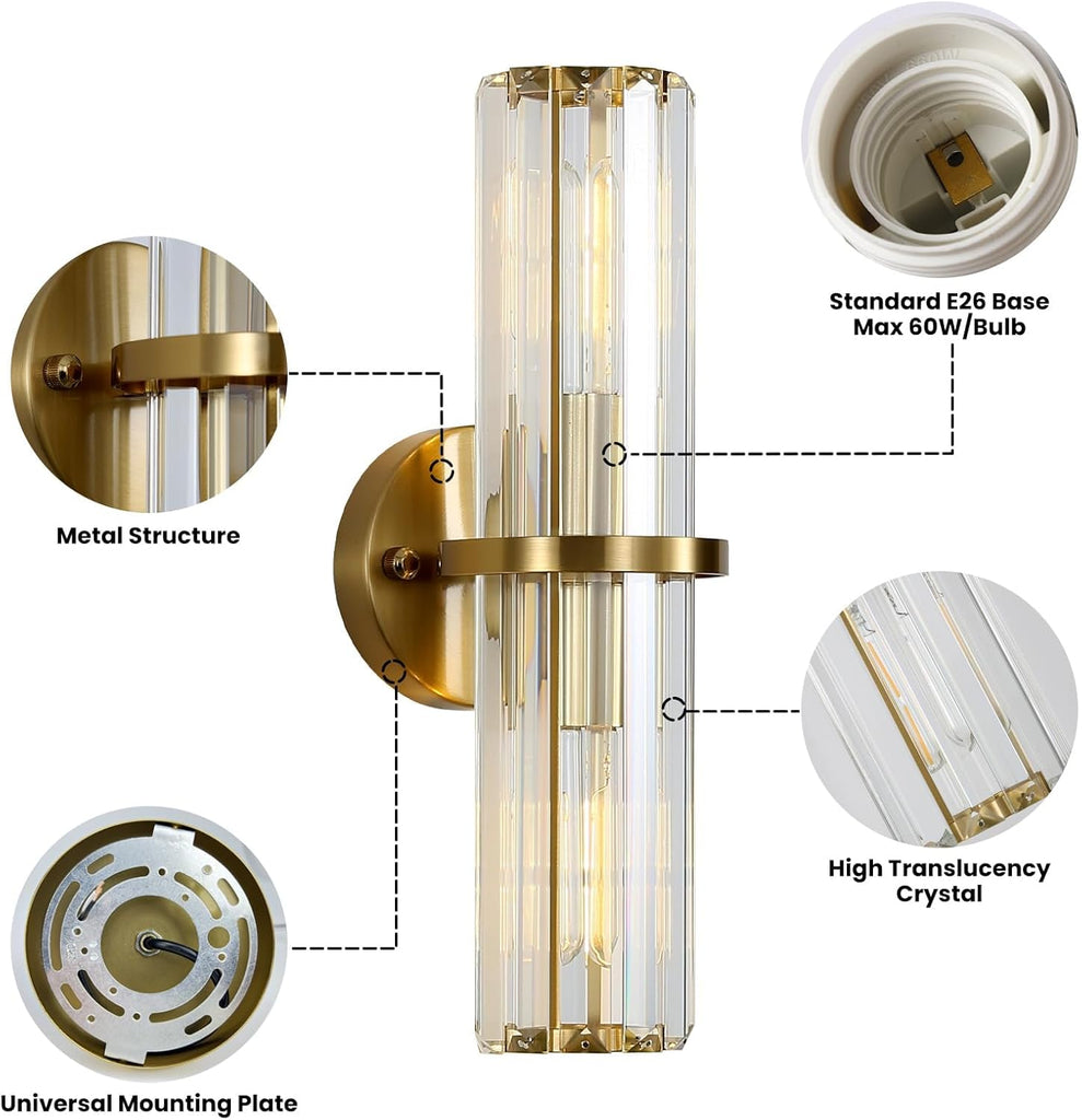 Crystal Wall Sconce Set of 2, Gold Crystal Bathroom Wall Light, Modern Sconces Wall Decor 2-Light Luxury Indoor Wall