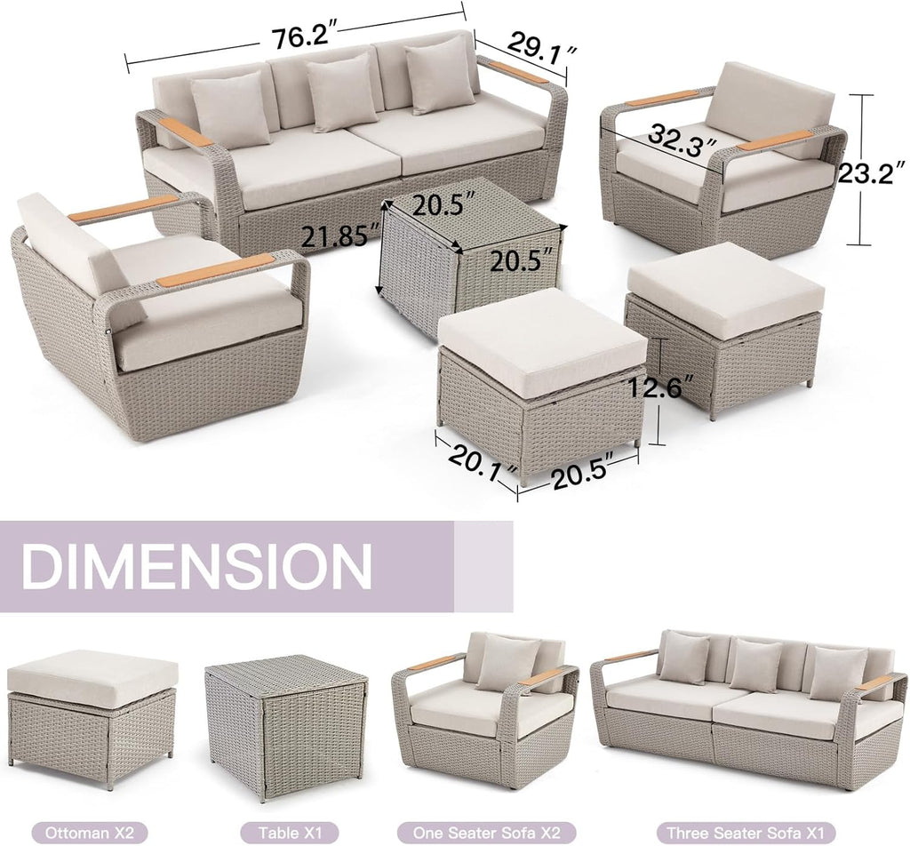Patio Furniture Set, Oversized 7-Seat Outdoor Sectional with Ottoman and Coffee Table, Wicker Rattan Patio Sofa Set