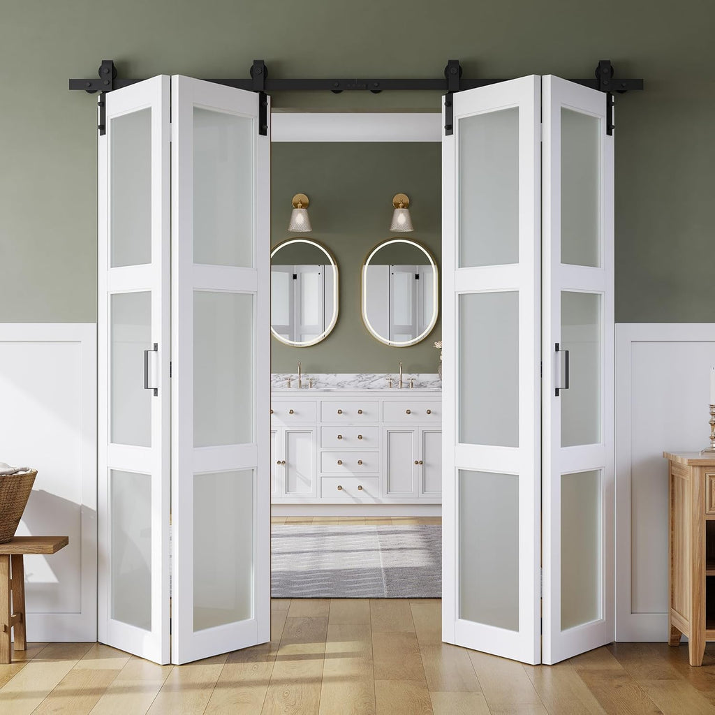 72in x 84in Bifold Barn Door, Frosted Glass Barn Door with Hardware Kit Included, Pre-Drilled Holes 