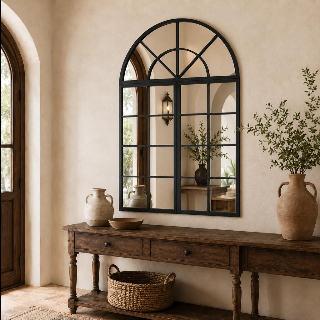 Large Black Arched Window Mirror, 32 x 47.2 in, 3-Piece Set