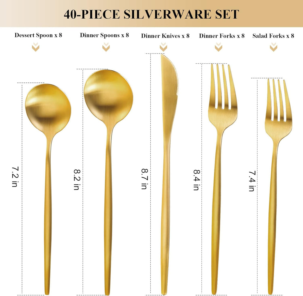 Gold Silverware Set for 8, 40 Pieces Stainless Steel Flatware Set, Matte Golden Cutlery Tableware Set