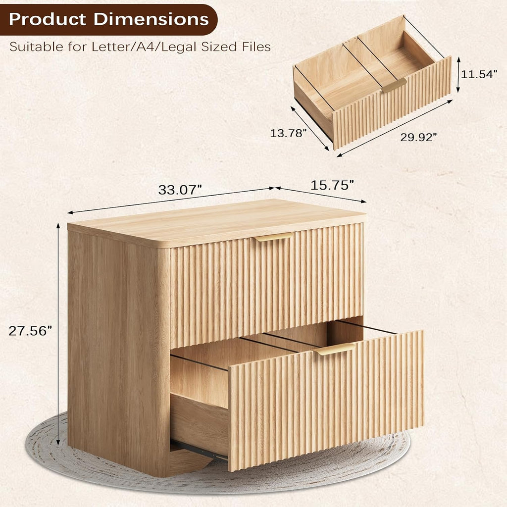Lateral File Cabinet with 2 Drawers, Natural Oak Fluted Filing Cabinet | Fluted File Cabinet for Letter/Legal/A4 Size