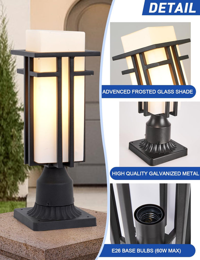 Outdoor Post Lights Waterproof Metal Frame with Milk White Frosted Glass Pier Mount Outdoor Lighting Fixtures(with 3-Inch Pier Mount Base) Pillar Light Post Lantern for Garden Backyard and Porch