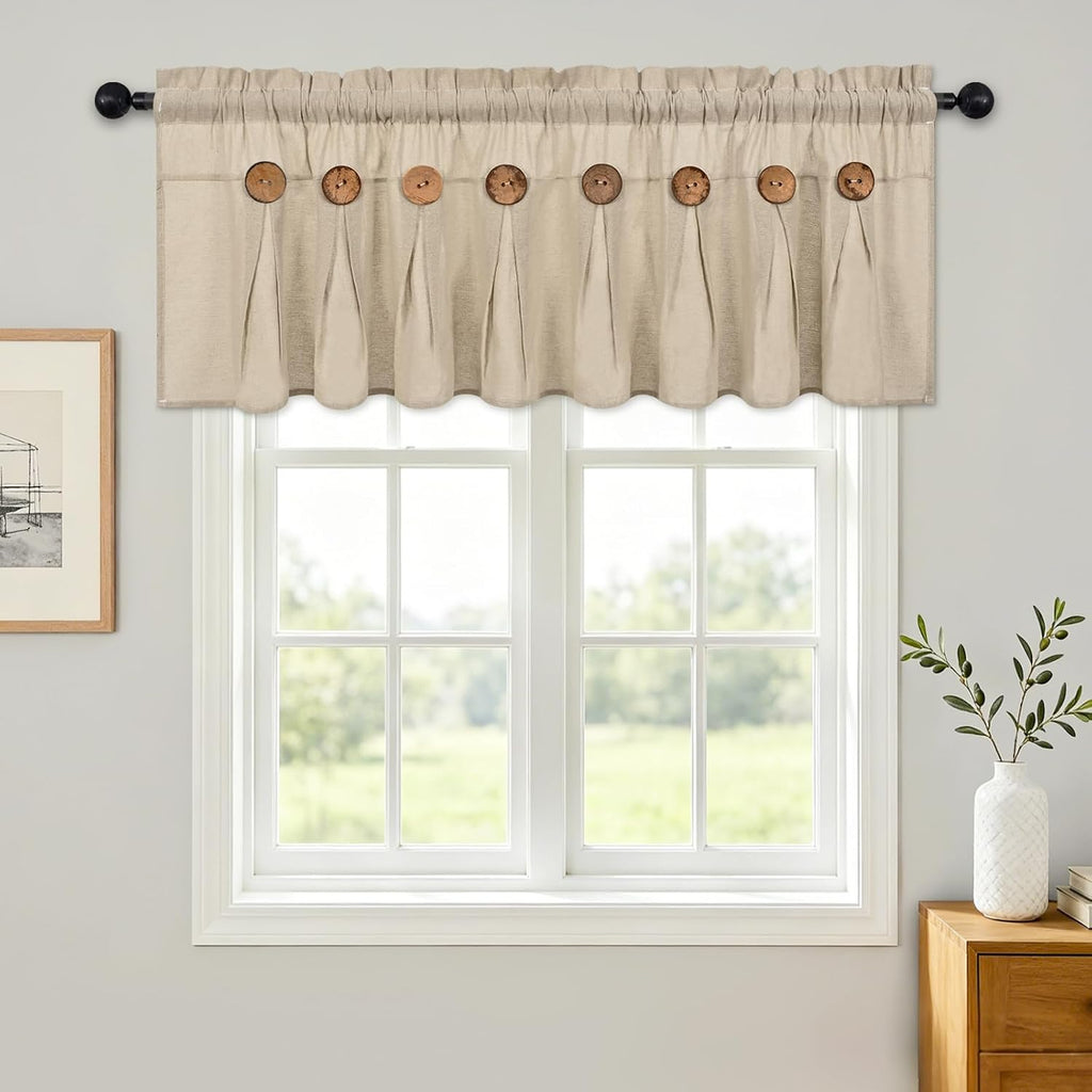 Farmhouse Valance Curtain, Cotton Linen Kitchen Curtains, Rustic Valances for Window Rod Pocket Button Valance for