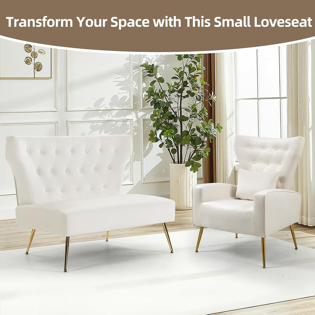 40 Inch White Velvet Loveseat, Armless Button-Tufted Couch with Gold Legs - Compact Modern Sofa
