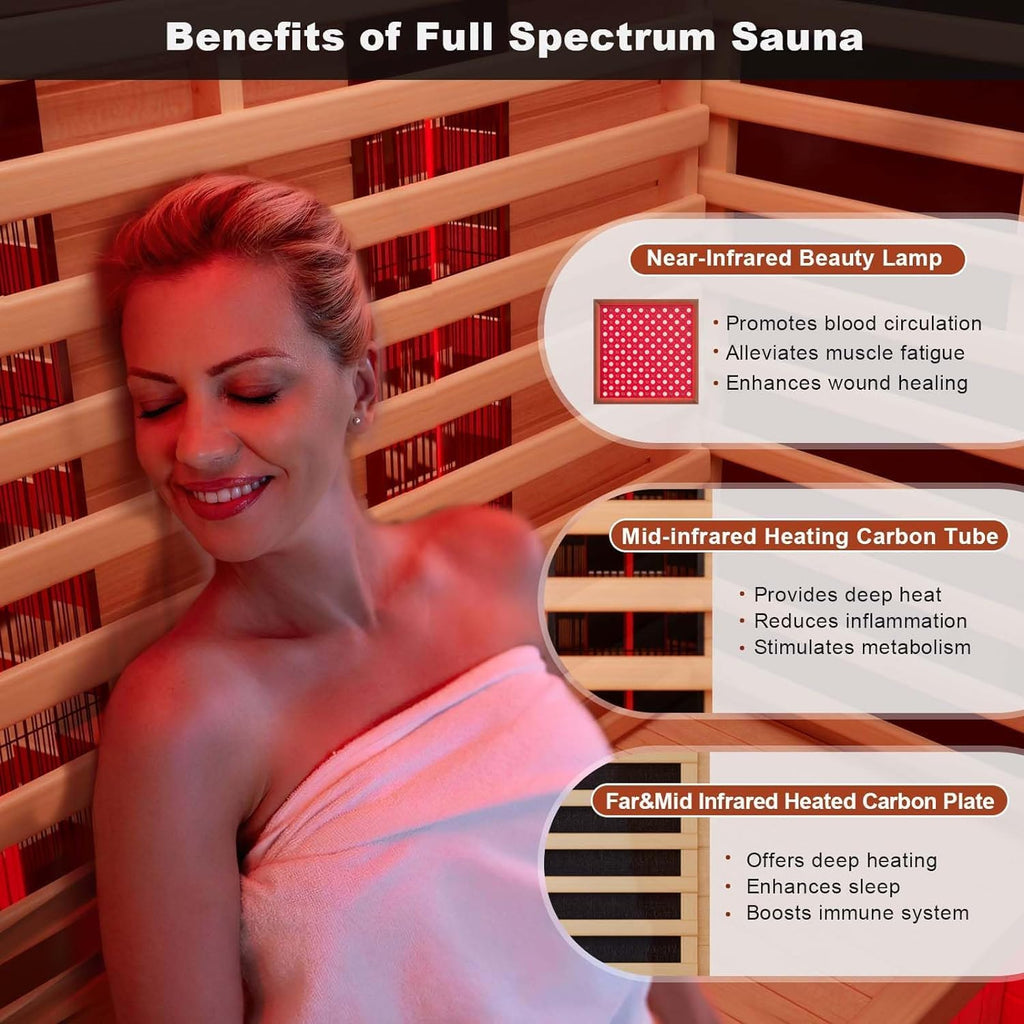 Full Spectrum Infrared Sauna，1-2 Person Home Sauna，Wooden Canadian Hemlock Indoor Spa Sauna with Resonance