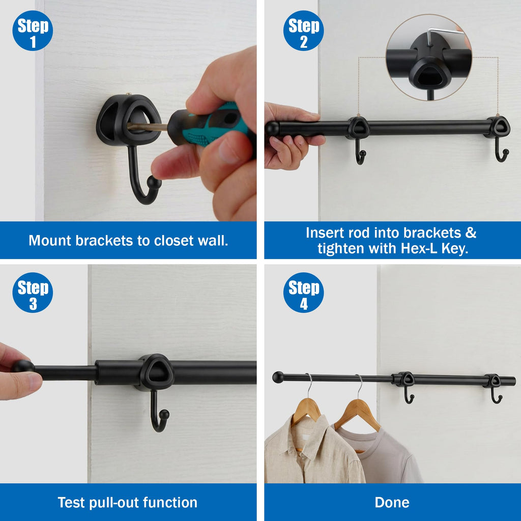 Valet Rod for Closet Pull Out with Hooks, Easy To Install (Black/2 Pack, 14 Inch)