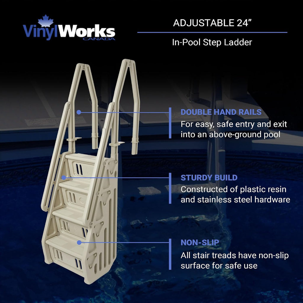 Deluxe Adjustable 24 Inch Wide in Pool Step Ladder Entry System for Above Ground Swimming Pools with Non Slip Steps
