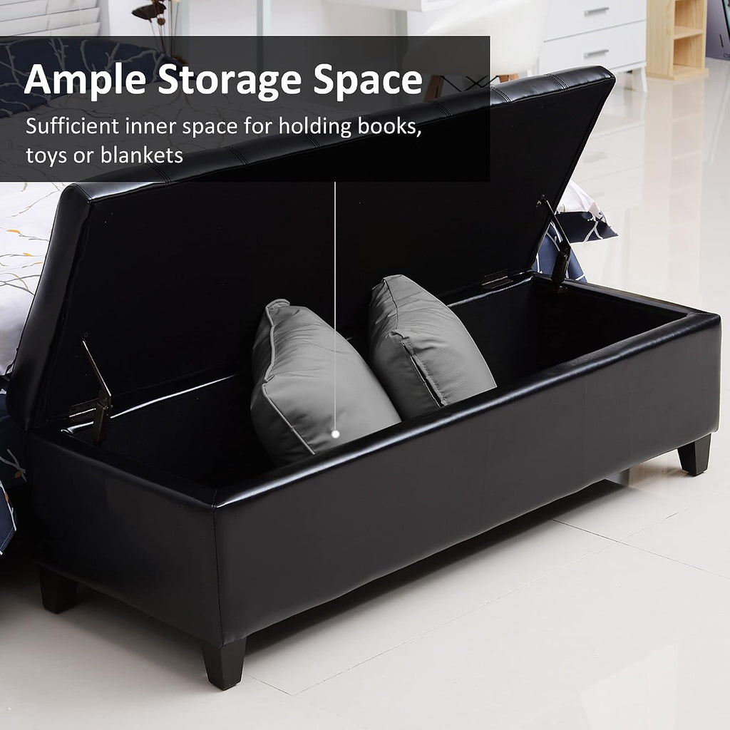 51" Ottoman Storage Bench Faux Leather Storage Chest Black | Lift Top, Tufted Ottoman, Living Room, Entryway