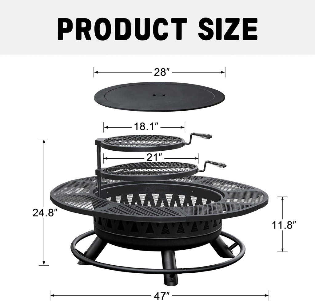 47 Inch Fire Pit with 2 Grills, Outdoor Extra Large Fire Pit for Outside