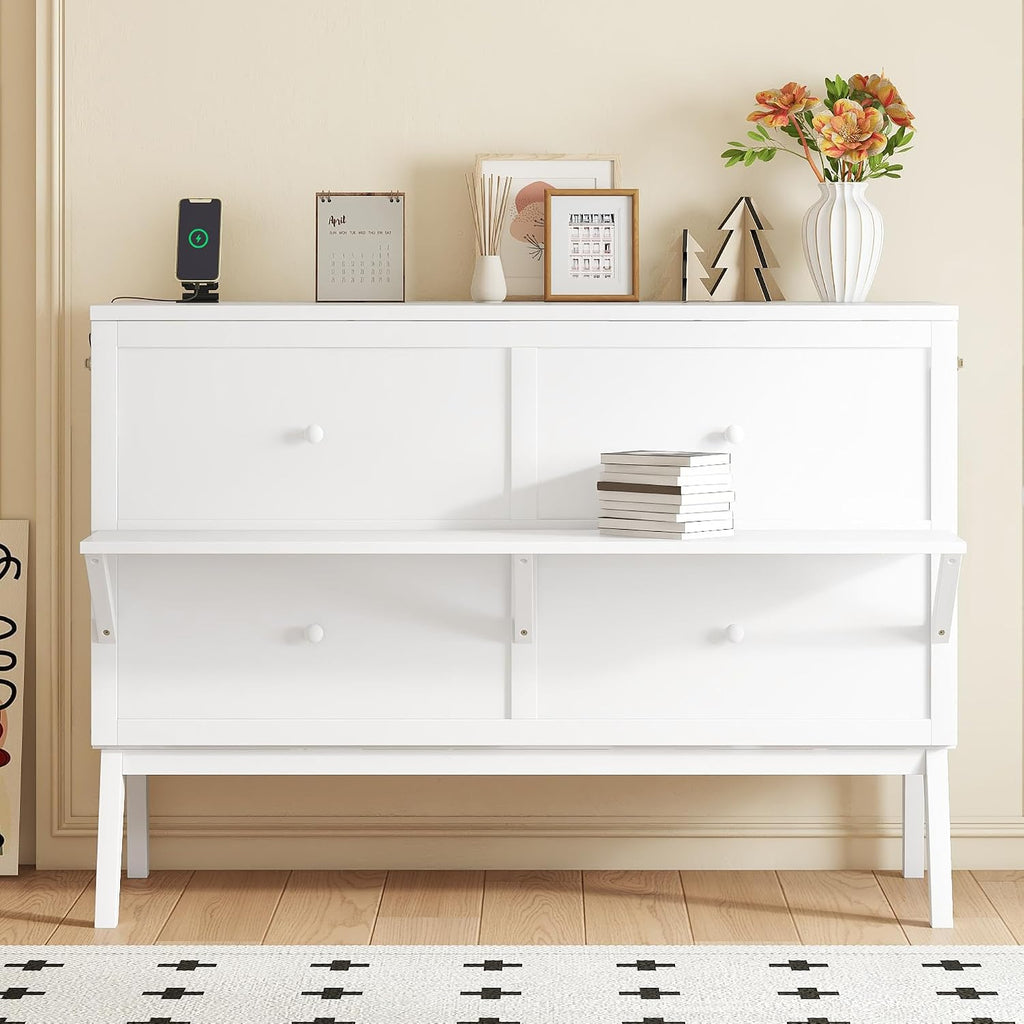 Queen Murphy Bed with Desk and Removable Shelves on Each Side,Solid Pine Cabinet Bedframe for Home Office, Guest