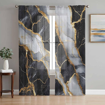 Sheer Curtains 2 Panels Set, Marble Black Semi Sheer Curtains for Windows, Grey Granite Surface Luxury