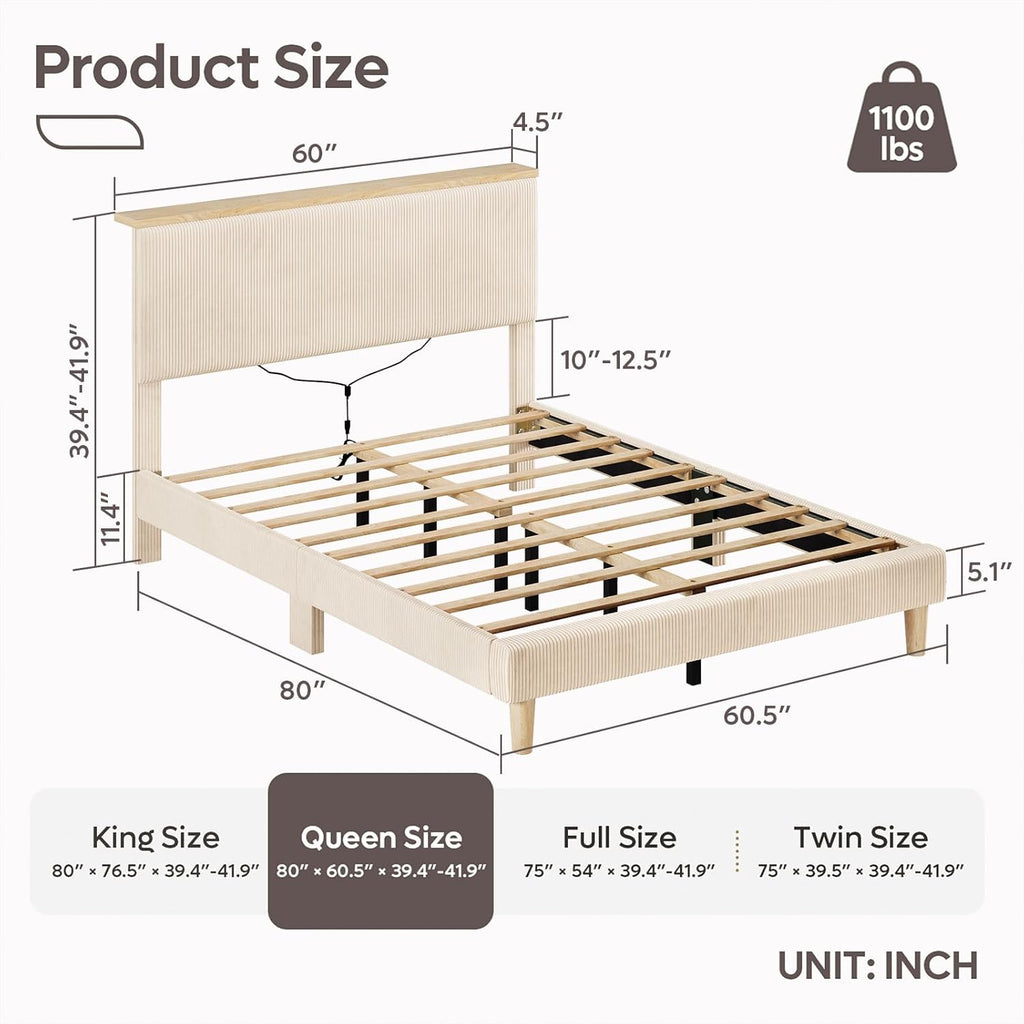 Queen Bed Frame with Adjustable Headboard & LEDLighting, Corduroy Upholstered Platform Bed Frame withStorage Shelf