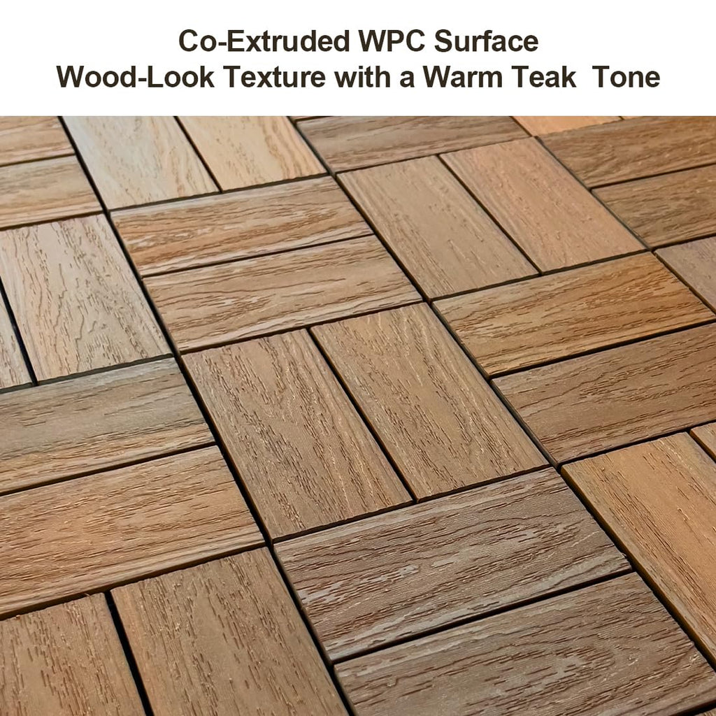 JJWOOD Interlocking Deck Tiles, 10 Pcs 12" x 12" WPC Patio Flooring, Co-Extruded Wood-Look Outdoor Floor Tiles for