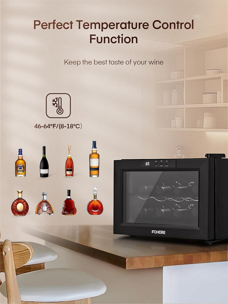 8 Bottles Countertop Wine Fridge, Small Wine Fridge with Double Glass Doors, LED