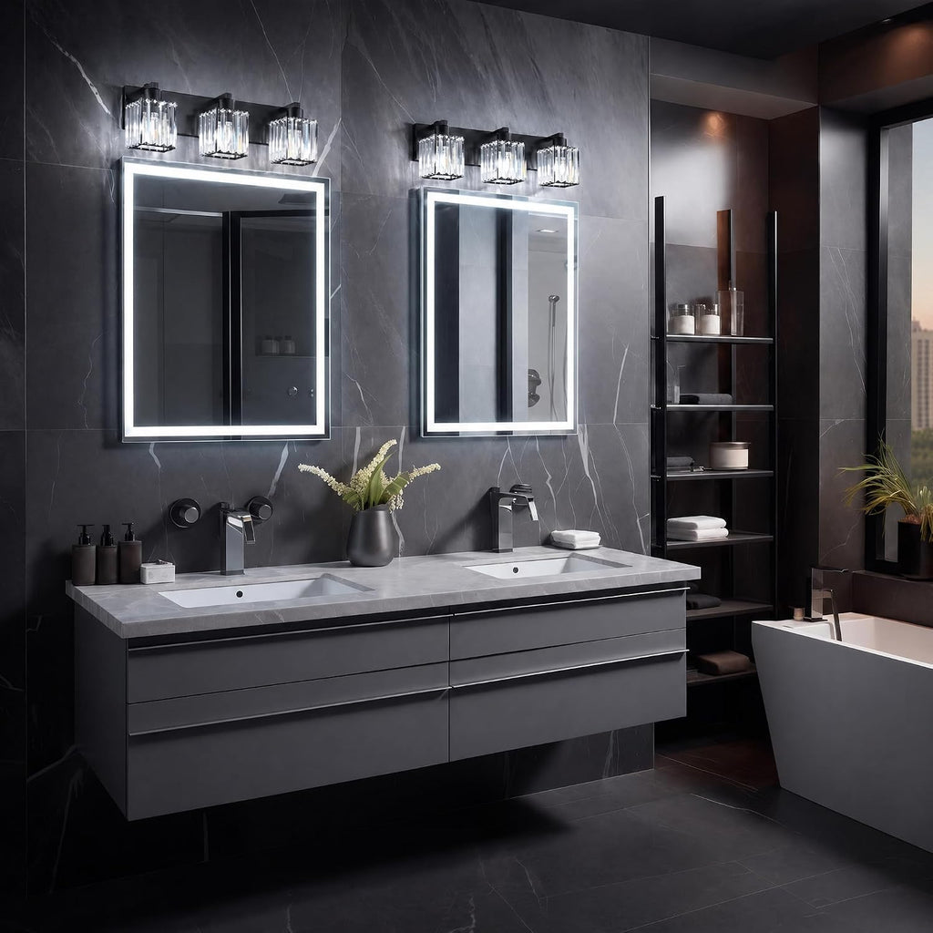 Modern Bathroom Vanity Light, 3-Light K9 Crystal Bathroom Lighting Fixtures Over Mirror, Black Vanity Light with