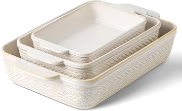 Casserole Dishes for Oven, Beige Ceramic Dish Set of 3 | 9x13" Rectangular Lasagna Pans Casserole Dish Set for
