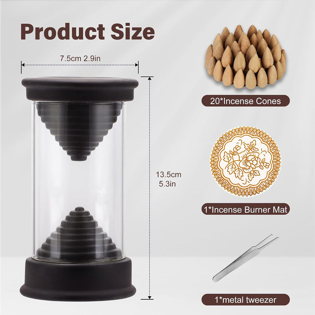 Hourglass Backflow Incense Burner Waterfall Incense Holder Bracket Glass Windproof Cover Provides 20 Counter Flow - Set of 25