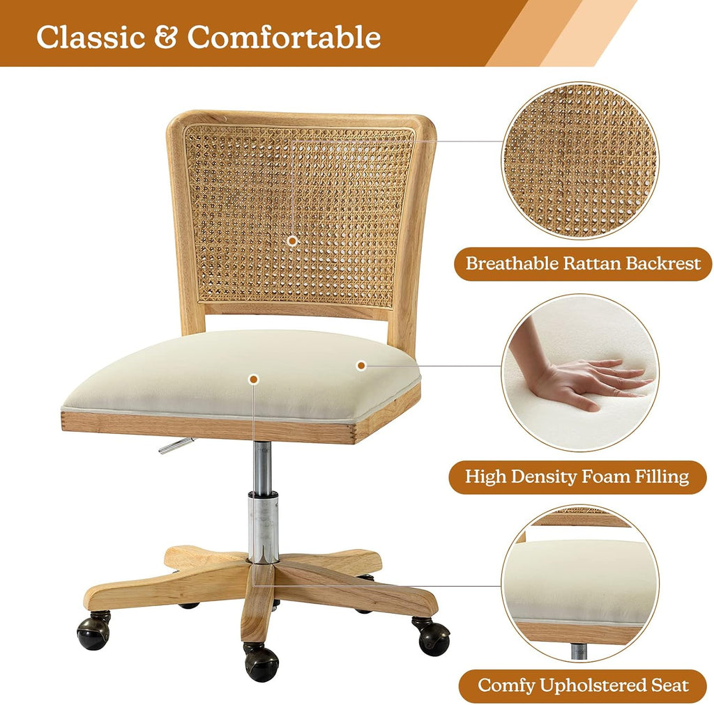 Modern Home Comfortable Upholstered Armless Desk Chair, Adjustable Swivel Rolling Computer Chair with Rattan Mid-Back